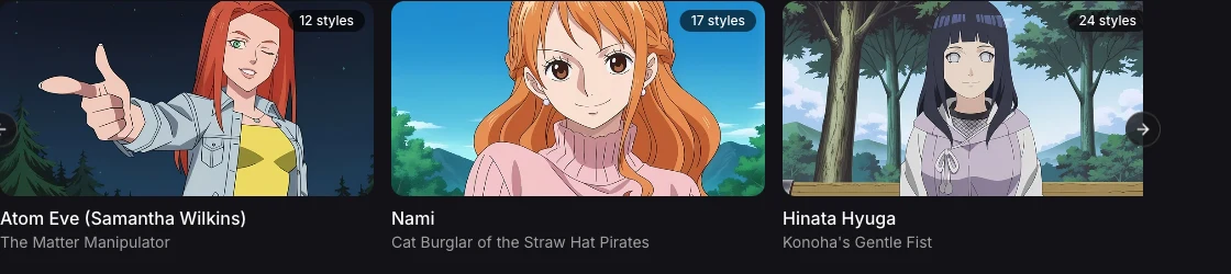 Pinku AI character browser showing popular anime and cartoon characters across category tabs